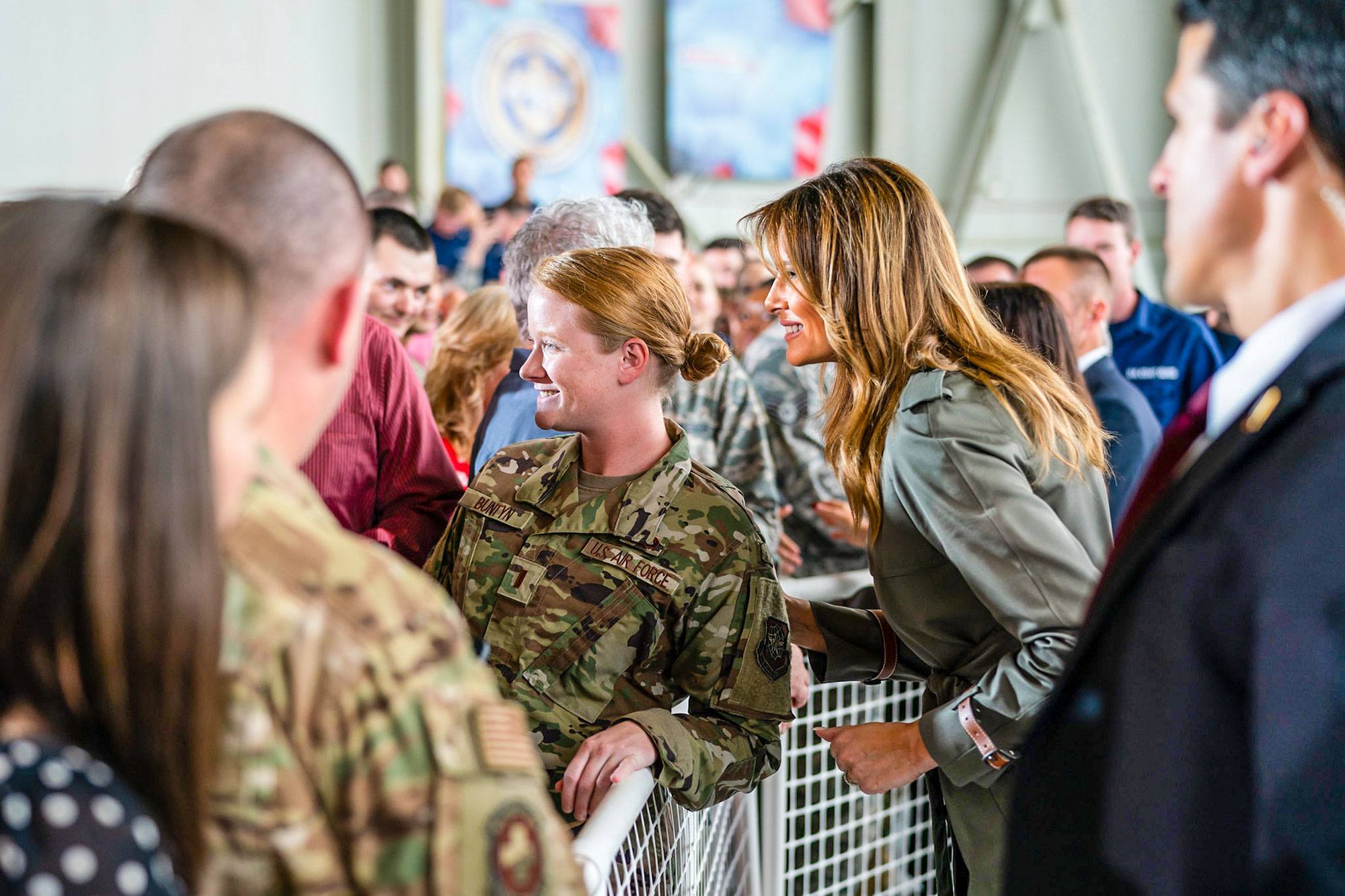 First Lady Melania Trump poses for photos with service members following a military appreciation event Wednesday, Oct. 30, 2019, at Joint Base Charleston, S.C.