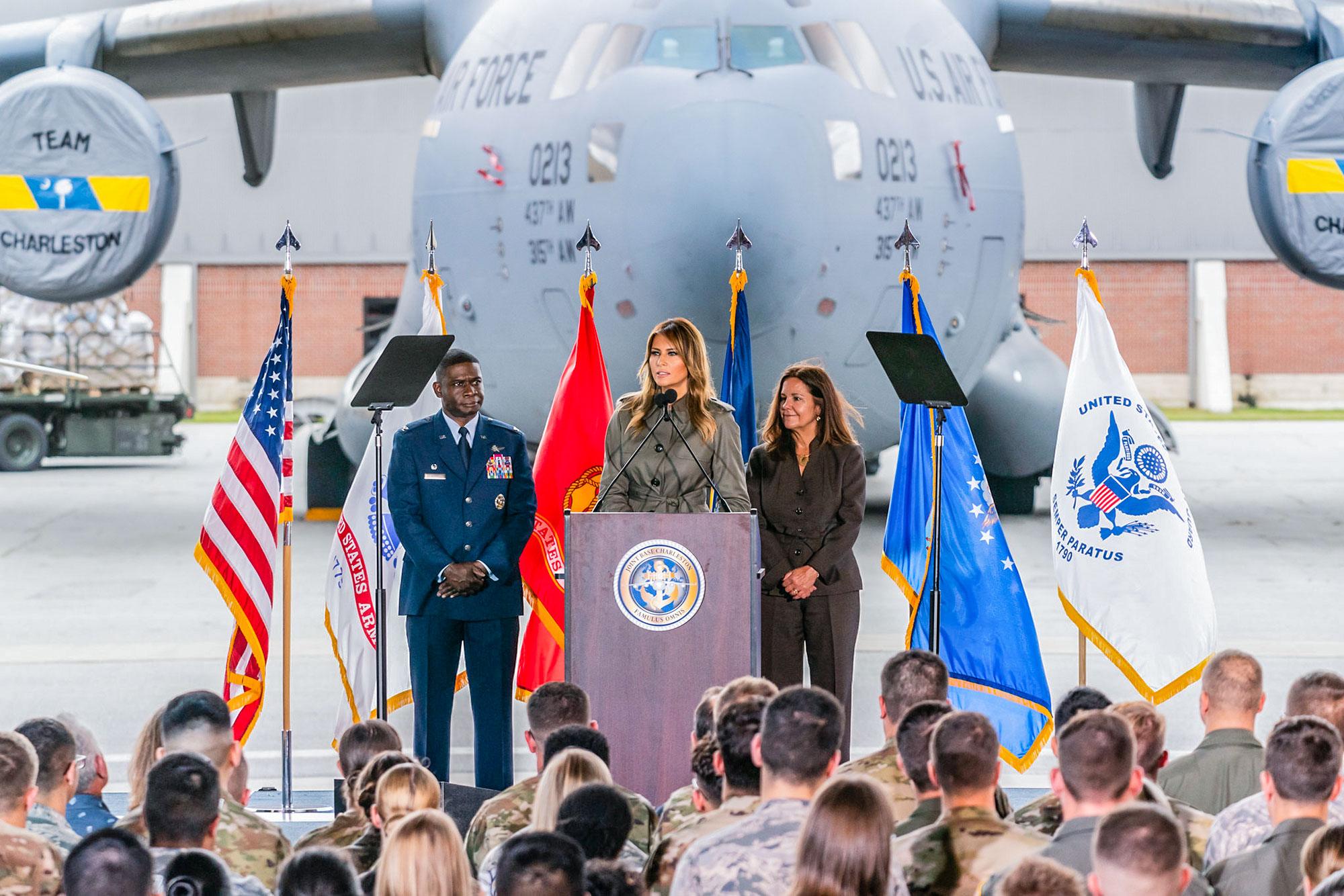 First Lady Melania Trump, joined by Second Lady Karen Pence and United States Air Force Col. Terrence Adams, delivers remarks at a military appreciation event Wednesday, Oct. 30, 2019, at Joint Base Charleston, S.C.