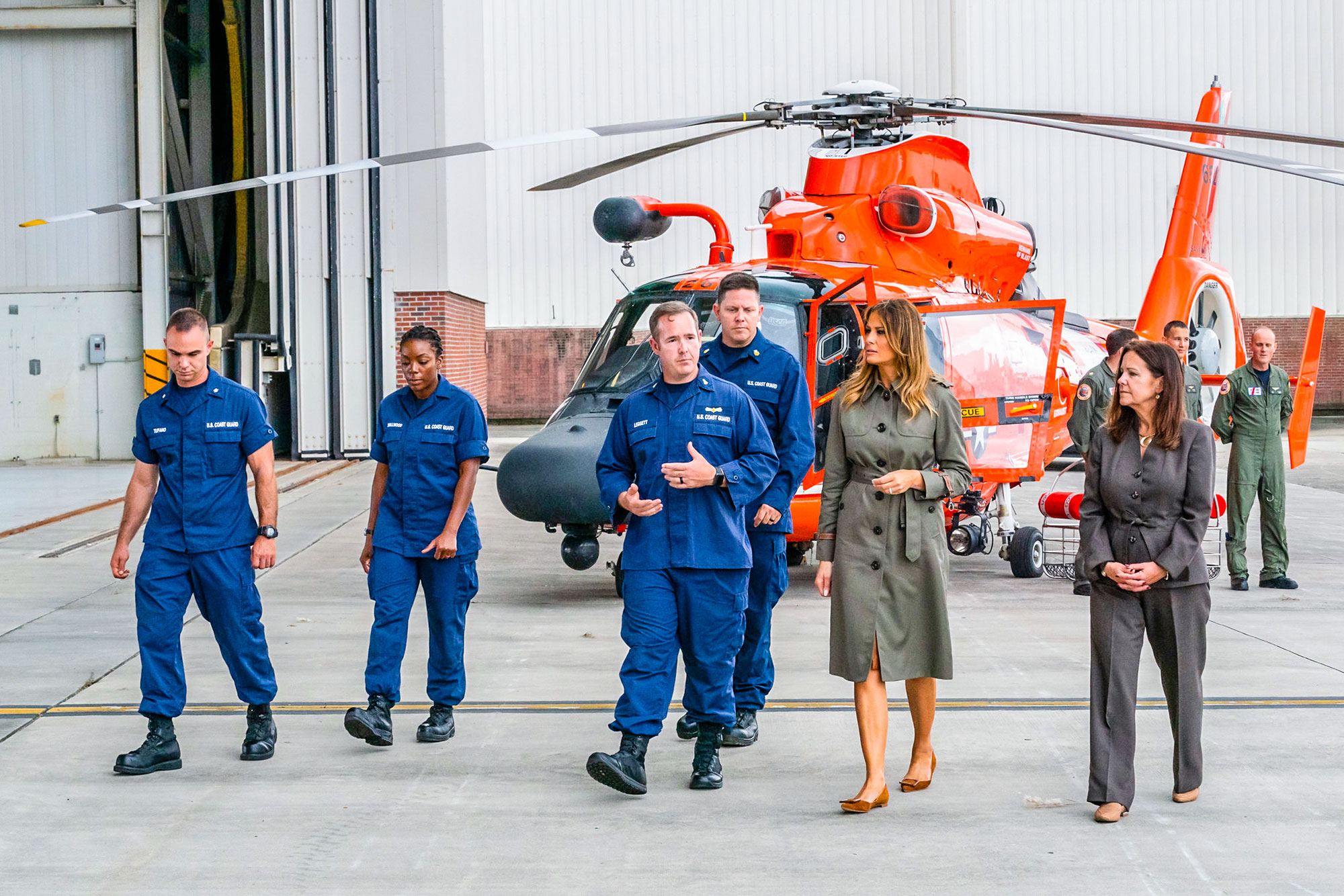 First Lady Melania Trump and Second Lady Karen Pence receive a capabilities briefing of a Coast Guard helicopter Wednesday, Oct. 30, 2019, at Joint Base Charleston, S.C.